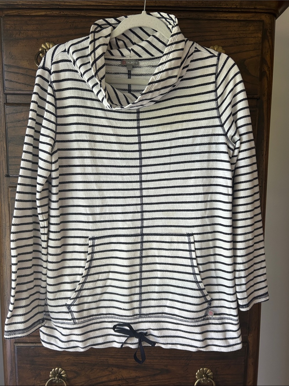 Talbots Cream and Black Striped Cowl-Neck Pullover Hoodie, Size S